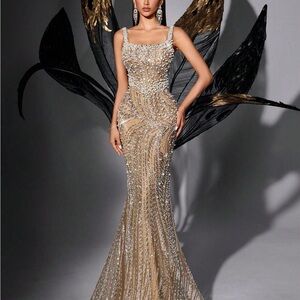 NWT Embellished Gold Evening Gown - Sleeveless Beaded Mermaid Dress